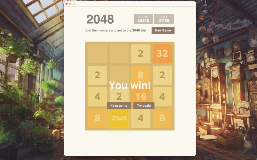 2048 puzzle game screenshot with You win!