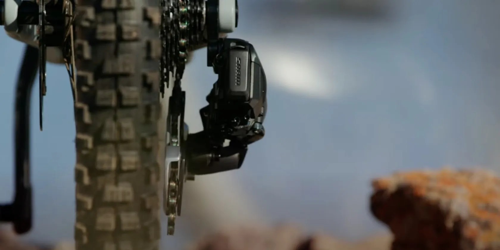 Rear view of SRAM electronic rear derailleur