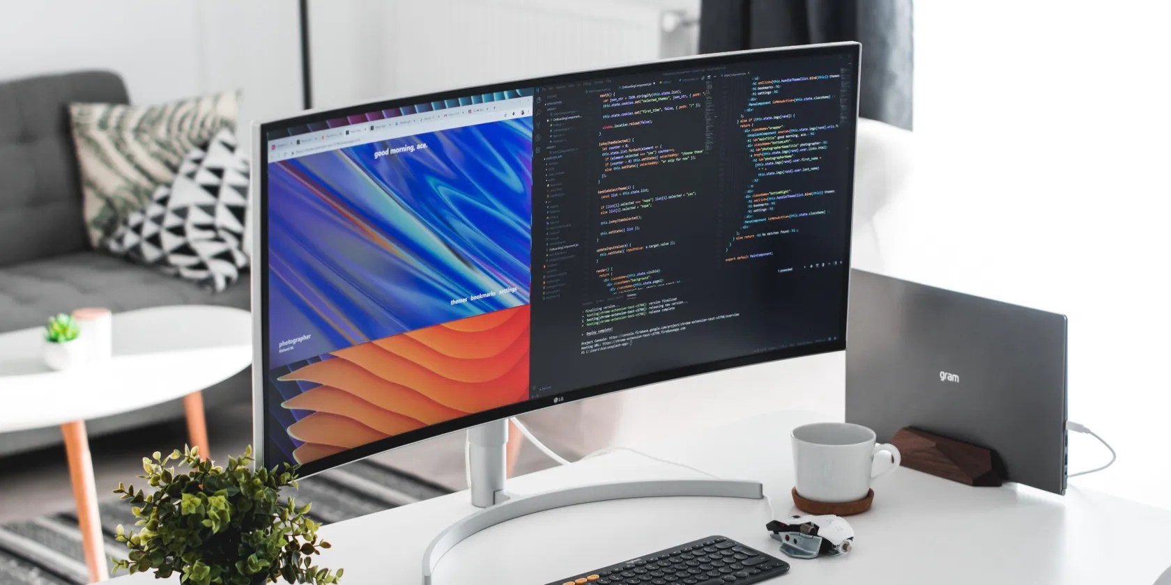 A curved widescreen monitor on a desk, displaying code and a website