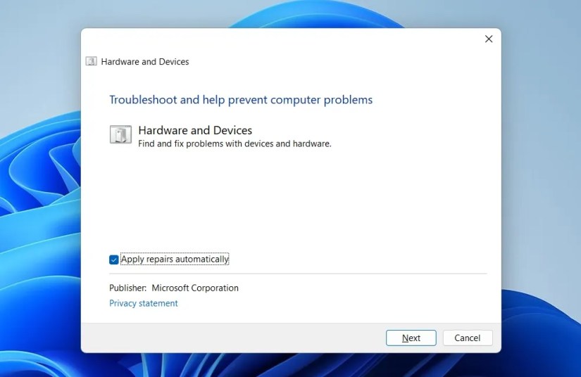 Hardware &amp; Device troubleshooter window
