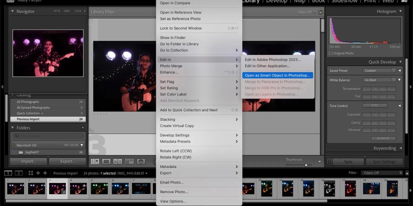 Lightroom Classic Edit As Smart Object in Photoshop option.