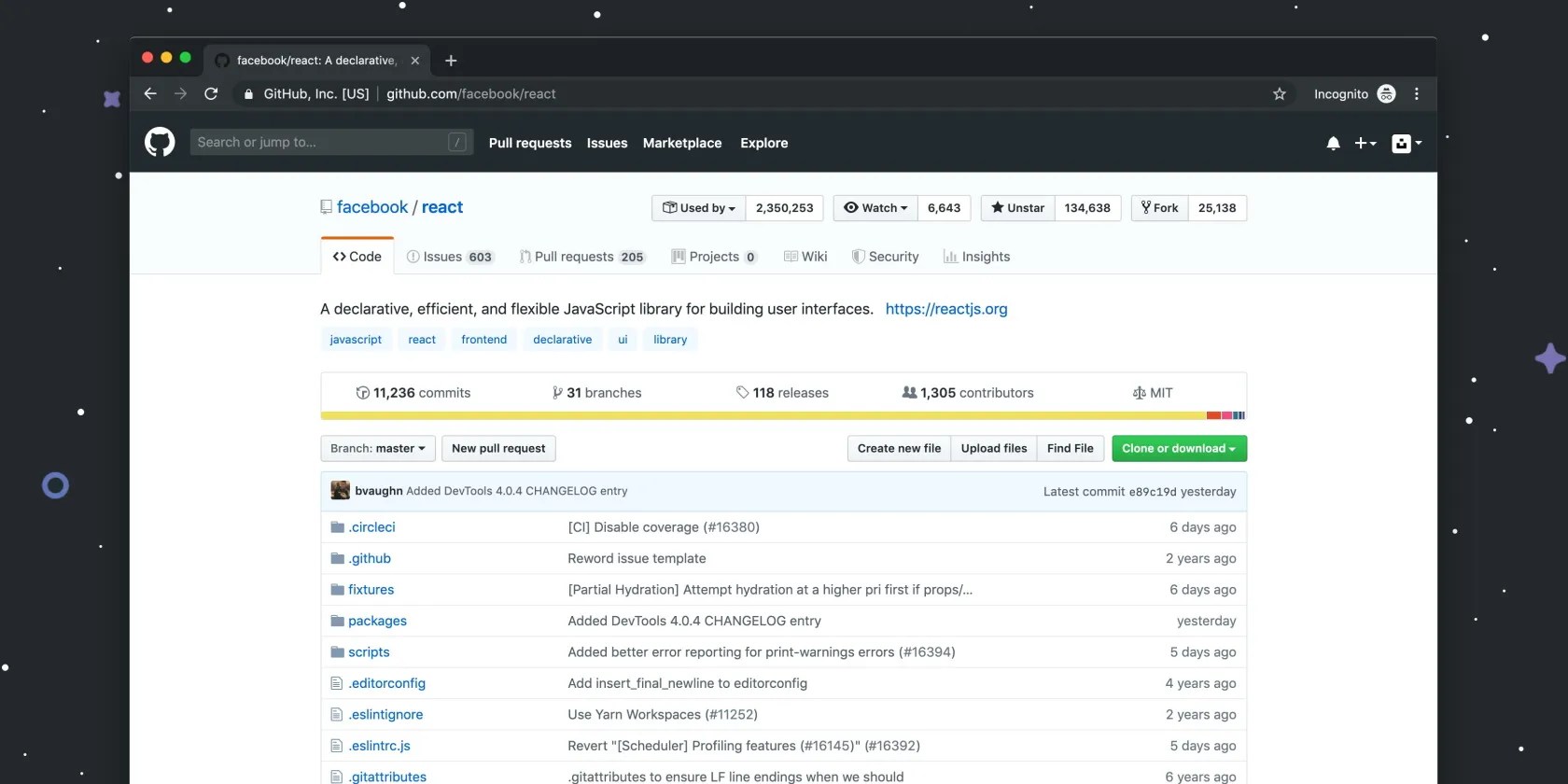 A GitHub repository page showing a list of files from React&rsquo;s source code