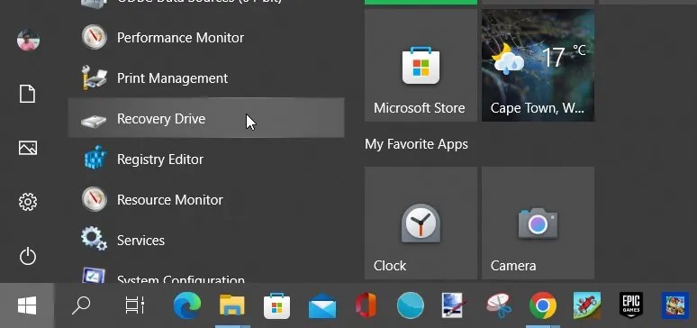 Selecting the Recovery Drive option from the Start menu items
