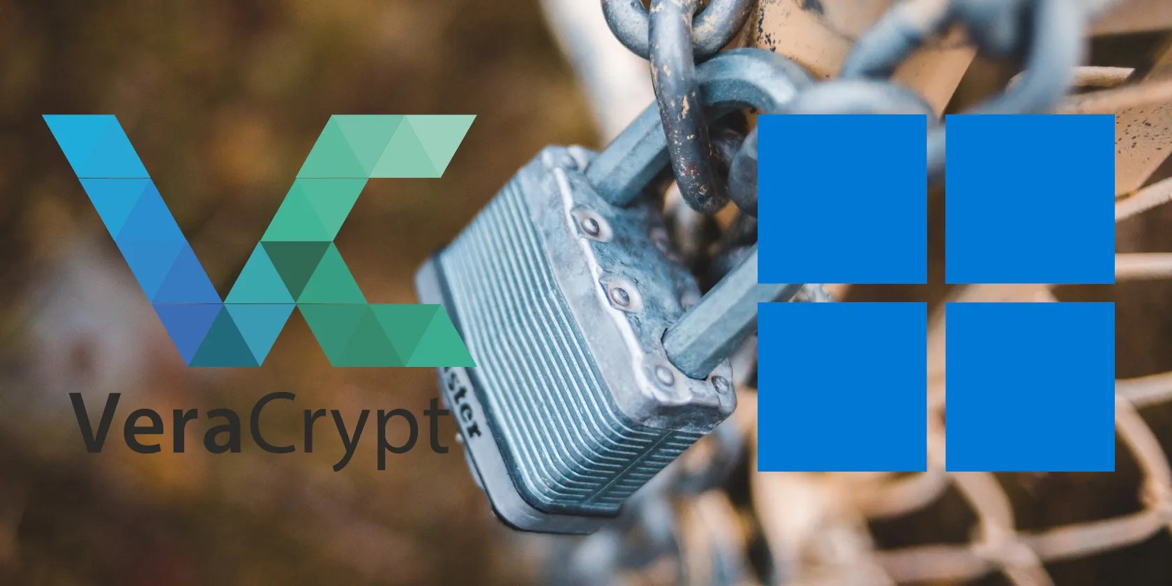 VeraCrypt and Microsoft Windows logos on a picture of a lock and chains