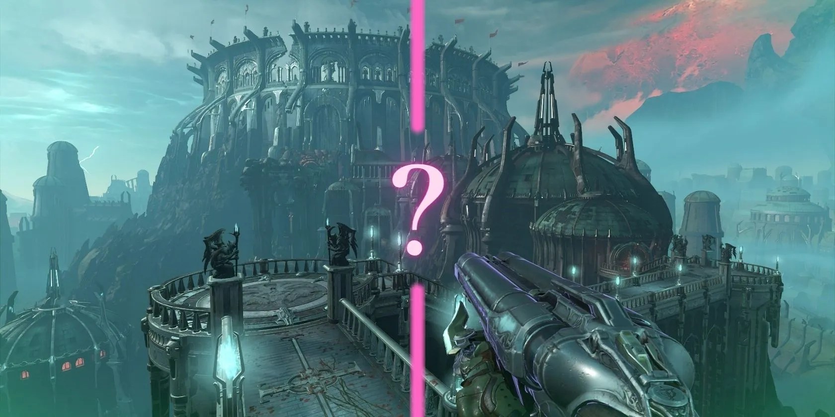 DOOM Eternal split view screenshot with question mark in the middle