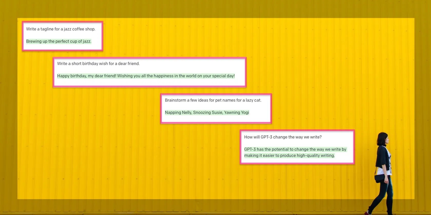 A woman walking with screenshots from GPT-3 prompts.