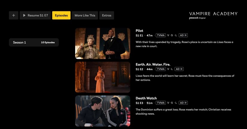 Peacock AD Episode Example from Vampire Academy Episode List