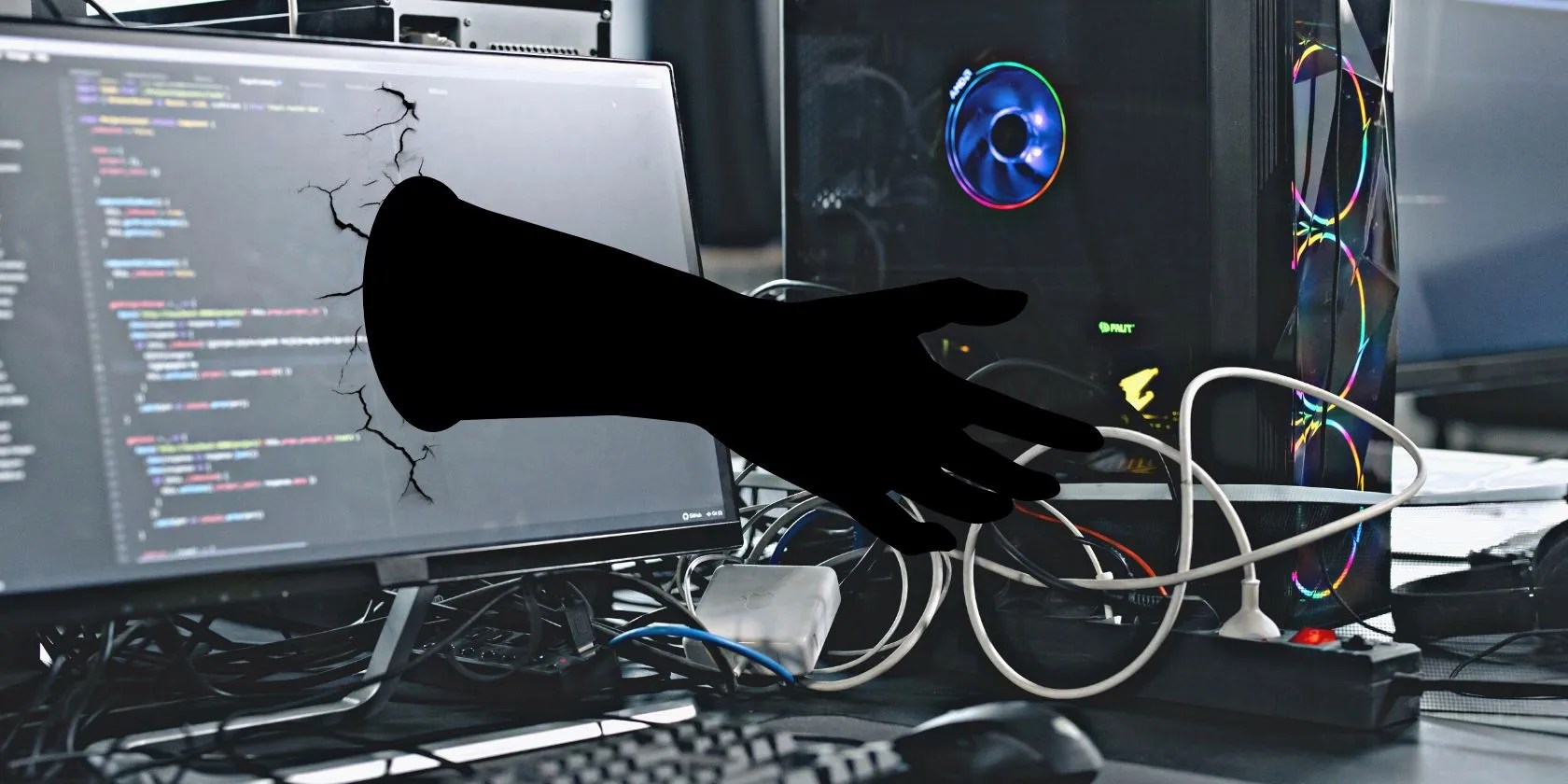 Graphic illustration of a hand coming out of a computer screen