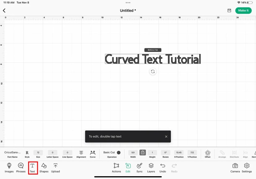 Text tool in Cricut Design Space app.