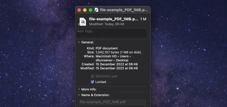 Get Info dialog for a file in macOS.
