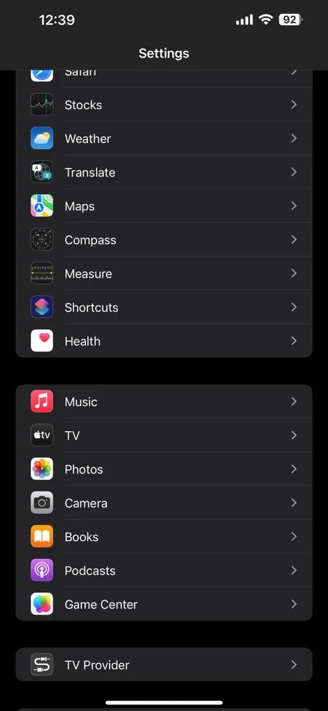 Screenshot showing iPhone settings