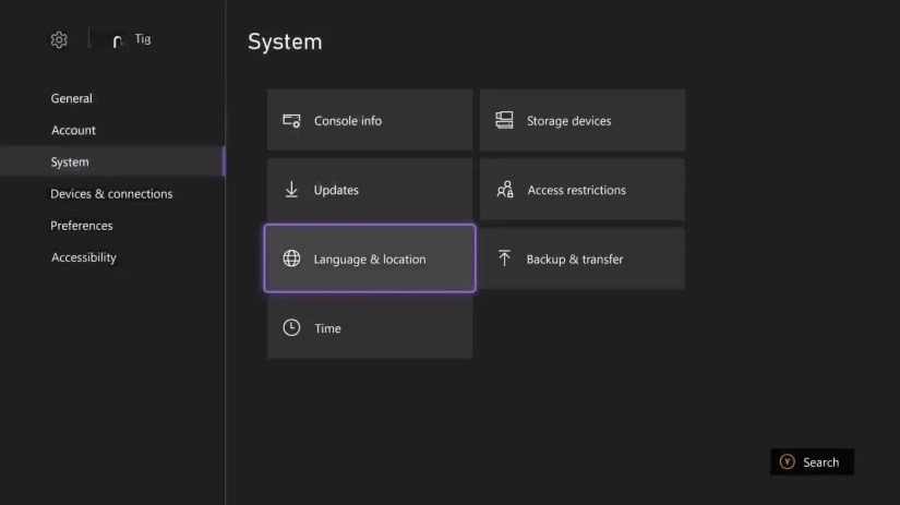 A screenshot of the Xbox Series X System settings with Language &amp; Location highlighted