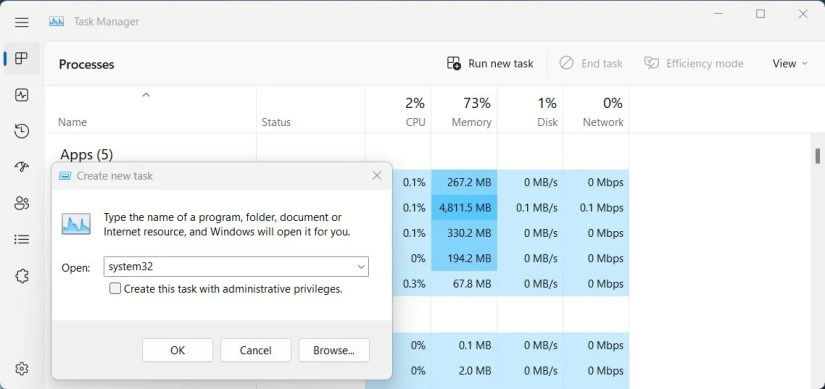 Open System32 Folder Using Task Manager