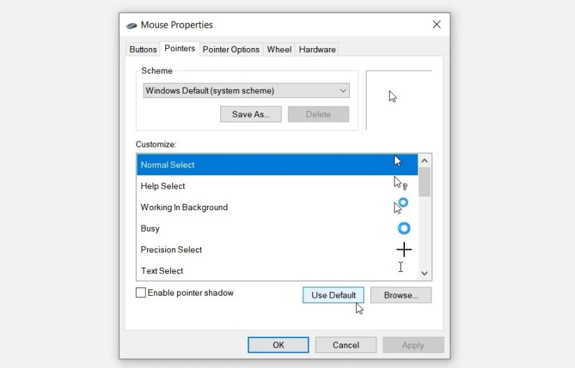 Pressing the Use Default button on the Mouse Properties window