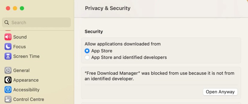 Privacy &amp; Security section of System Settings