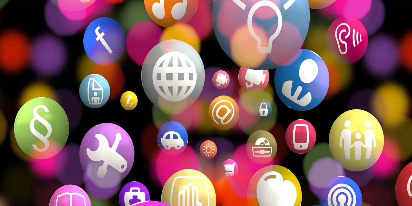 A series of colorful, circular app icons.