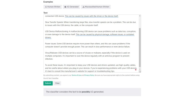 gpt classifier tool testing ai written text