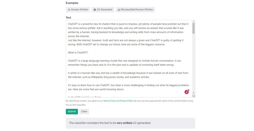 gpt classifier tool testing human written text