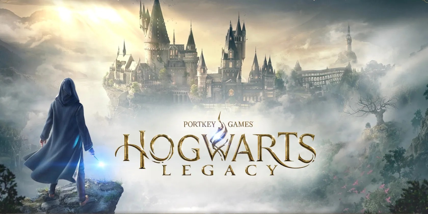 Hogwarts Legacy image with a cloaked figure facing Hogwarts Castle