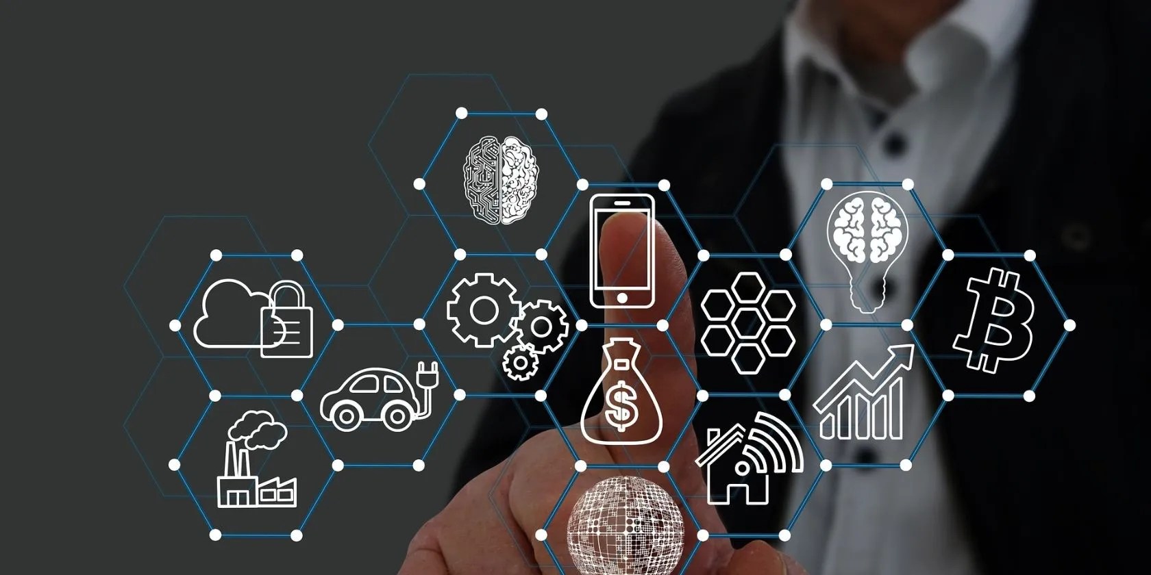 Icons on a screen superimposed on someone about to press one