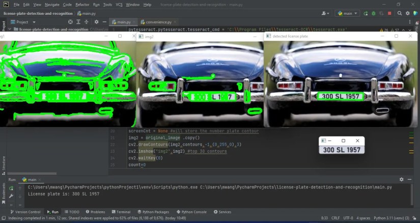 Three car pictures and one cropped license plate showing the process of detecting a license plate