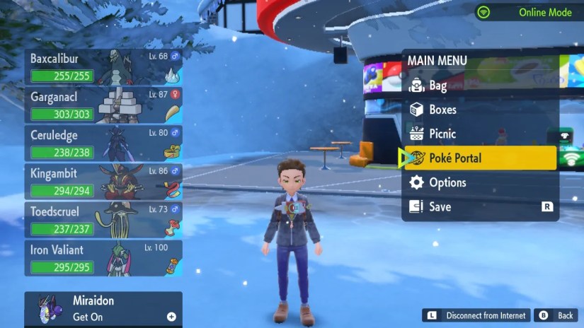 A screenshot of the Main Menu in Pokemon Violet with Poke Portal highlighted