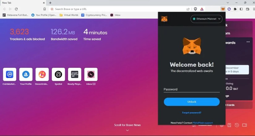 Logging into the MetaMask browser extension