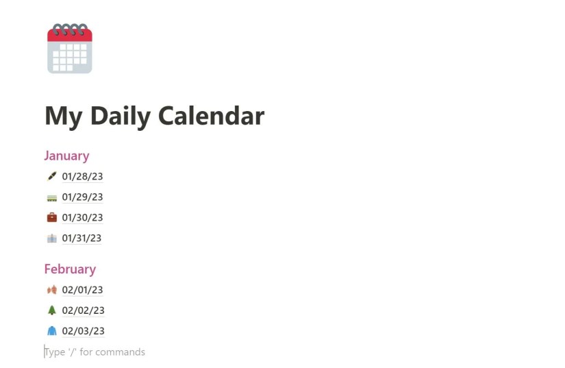Ongoing Daily Calendar Folder in Notion