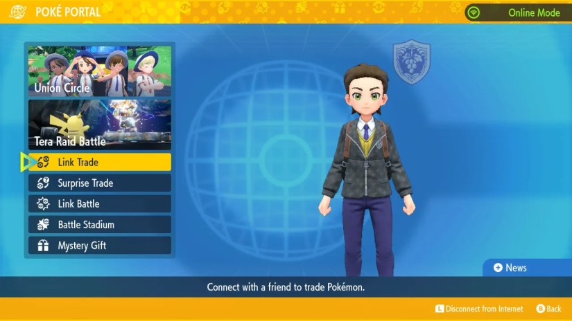 A screenshot of the Poke Portal menu screen in Pokemon Violet with Link Trade highlighted