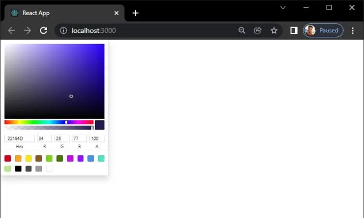 A React app in a web browser displaying a color picker widget