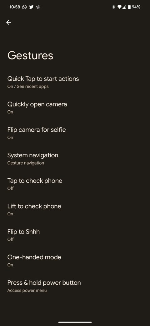 Gestures Settings menu on Pixel 7