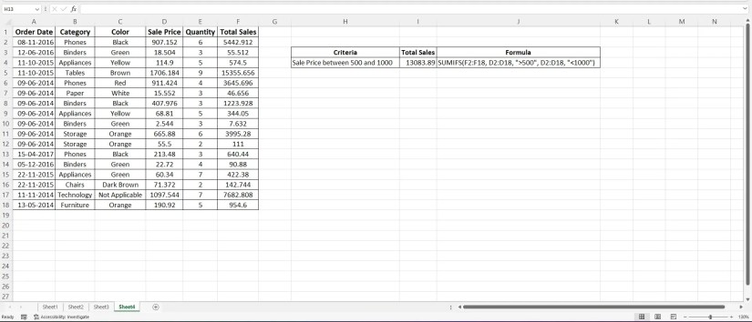 Excel sheet showing use of numeric criteria with SUMIFS function