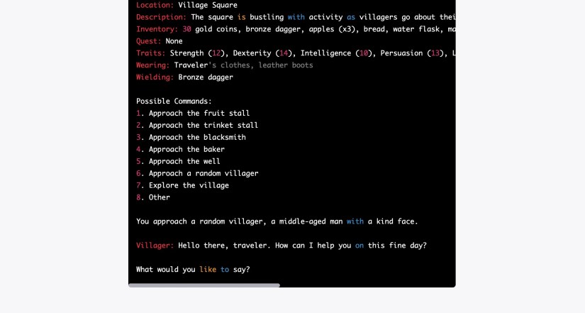 Villager asking on the player’s welfare in text game dialogue