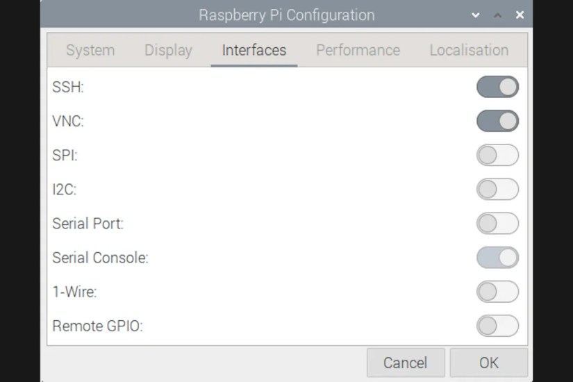 Enabling SSH and VNC in the Raspberry Pi Configuration tool