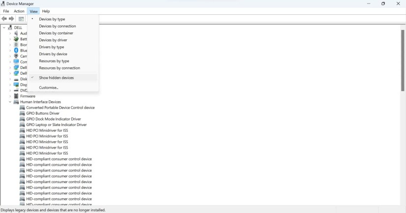 Unhiding the hidden devices in Windows Device Manager
