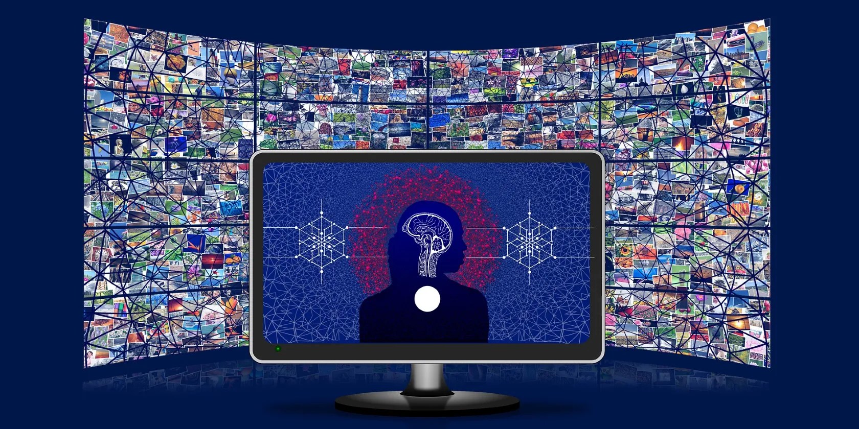 Digital illustration shows screens representing artificial intelligence