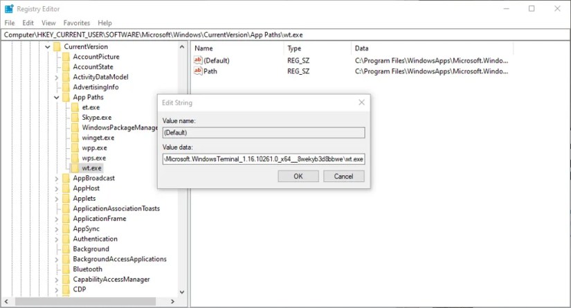editing app aliases in registry editor