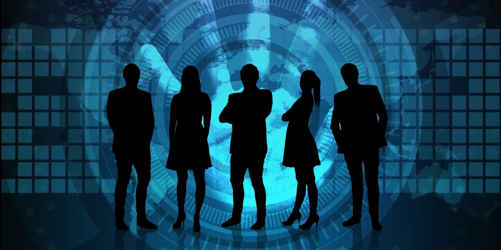 Silhouettes of Cyber Security Specialists Standing on a Blue Background