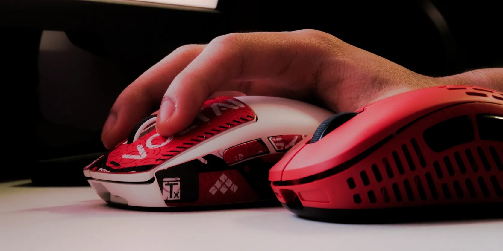 hand holding white mouse with designs beside red mouse
