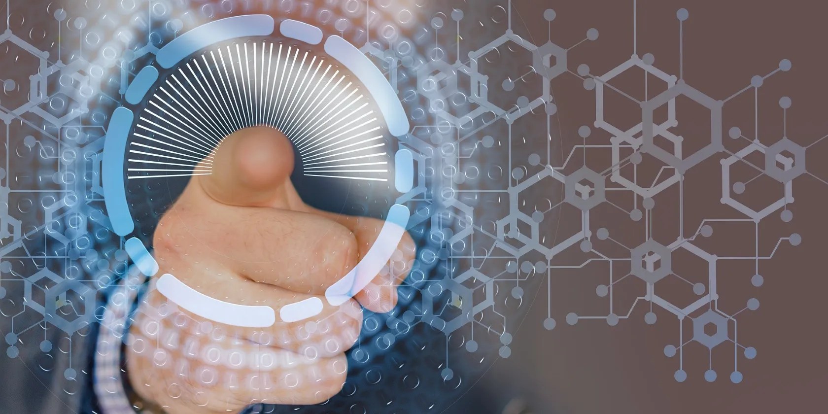 A person&rsquo;s finger pointed towards the observer, with cybersecurity icons around it