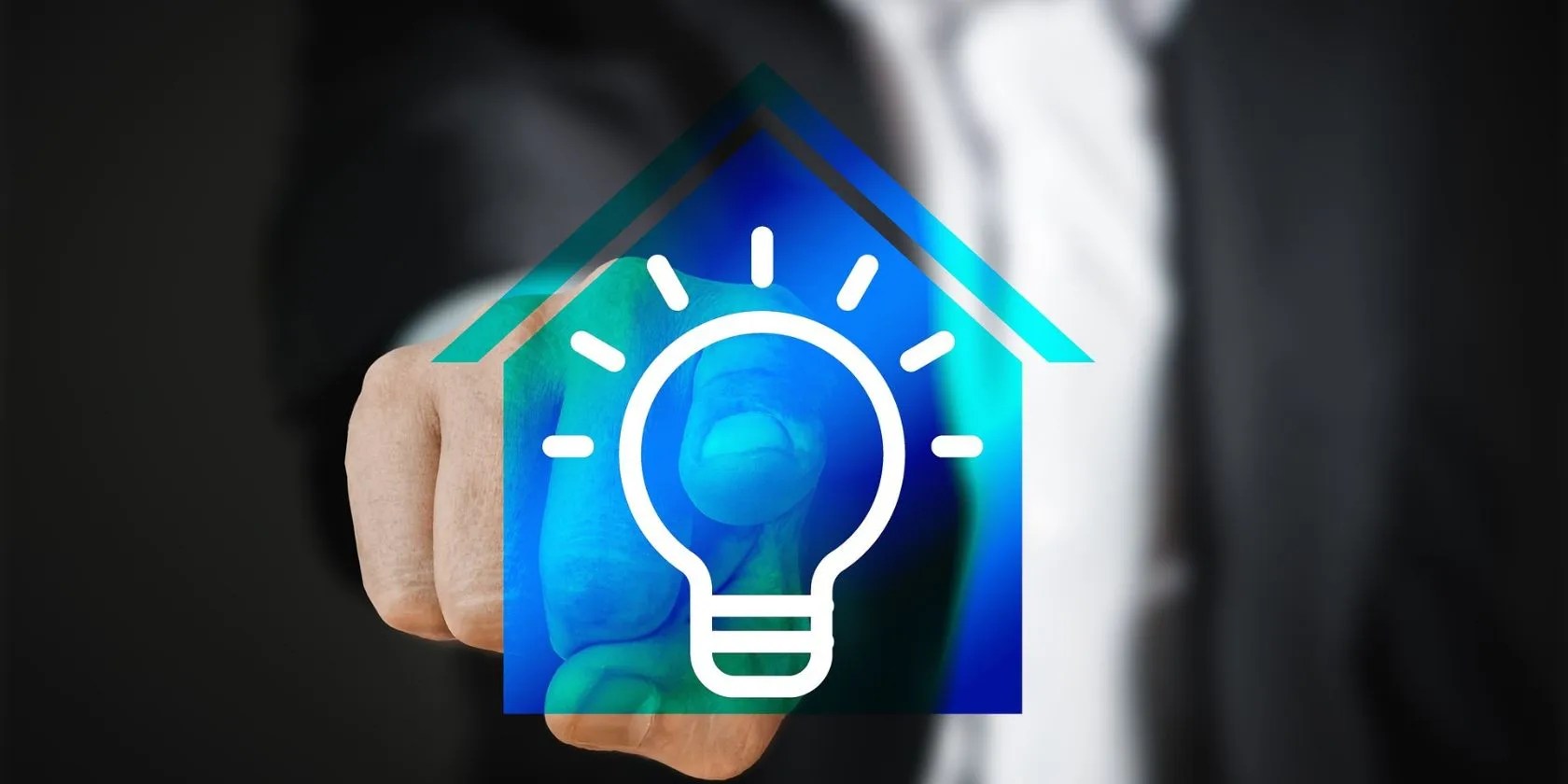 a home icon on a background with a finger pointing