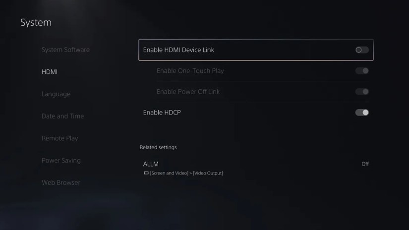 A screenshot showing how to enable HDMI device link on a PS5