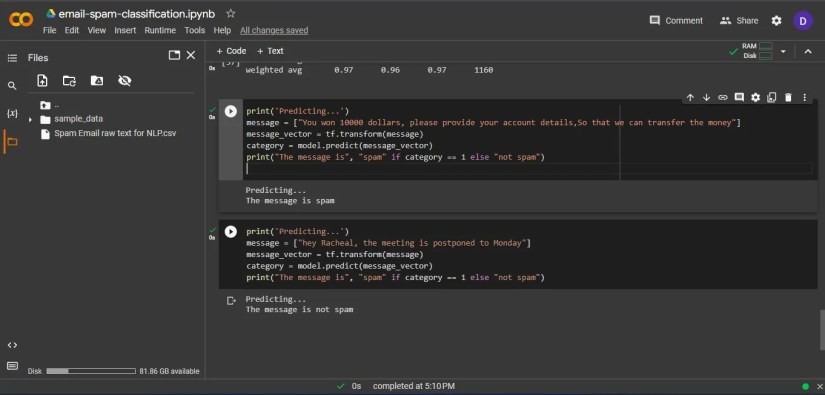 output of a spam classifier program in Google Colab