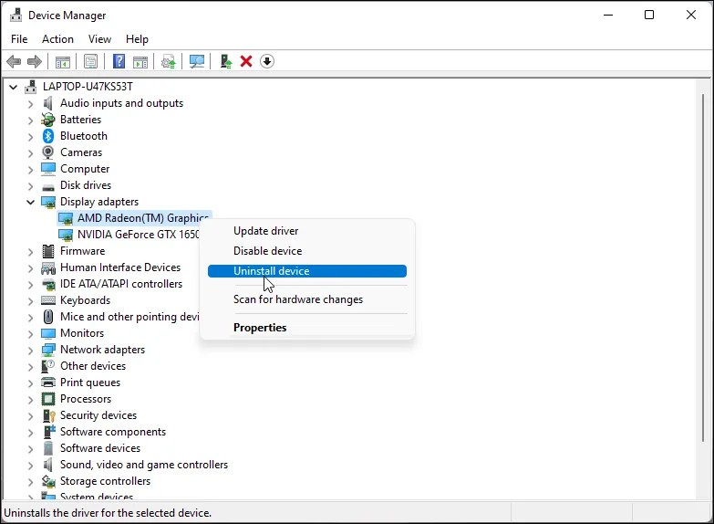 uninstall display adapter device