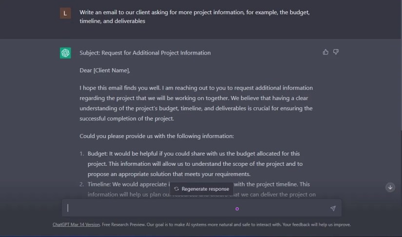 A ChatGPT screenshot demonstrating how it can write emails