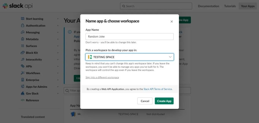 Slack app naming page on the Slack API website