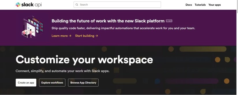 Slack API homepage