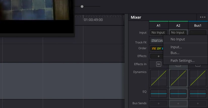 Screenshot of the audio mixer panel in DaVinci Resolve 18