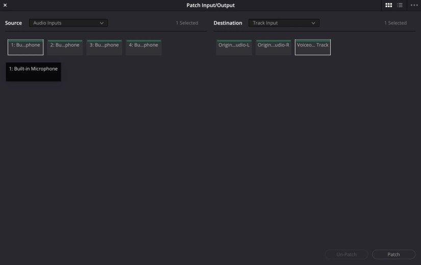 Screenshot of the Patch Input/Output window in DaVinci Resolve 18