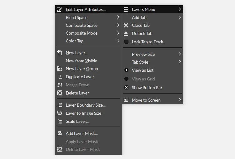 GIMP 2.10 dock options dialog box